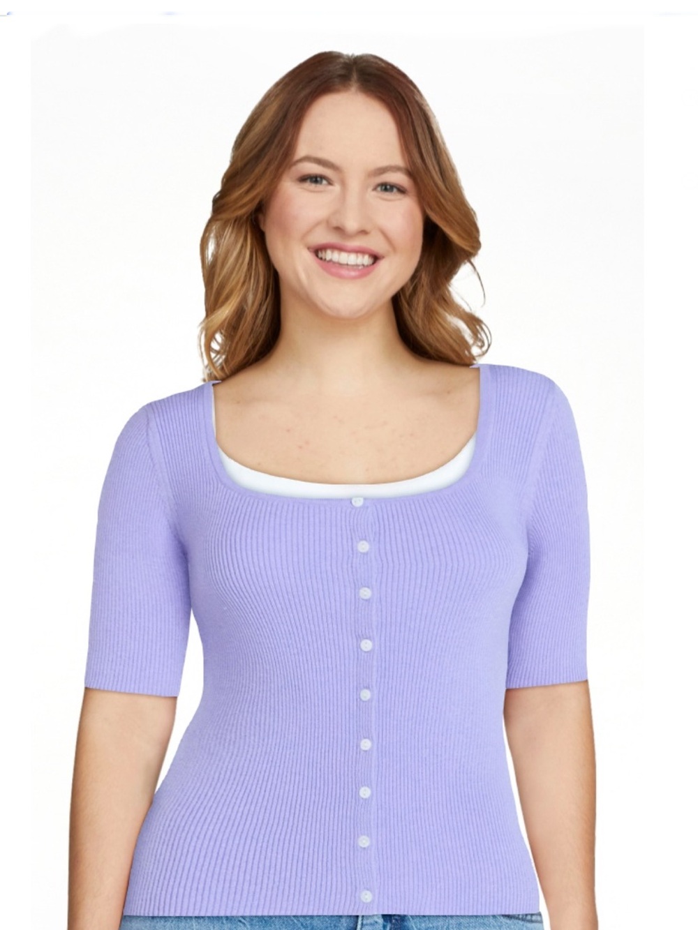 Scoop Women's Square Neckline Cardigan Sweater with Short Sleeves Purple LARGE